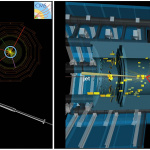 (Left) CMS event display of a candidate event in which two W bosons and one Z boson are produced and decay into three electrons and a muon. (Right) ATLAS event display of a candidate event in which two Z bosons are produced, along with two jets. The Z bosons subsequently decay into two electrons and two muons. (Image: CERN) 